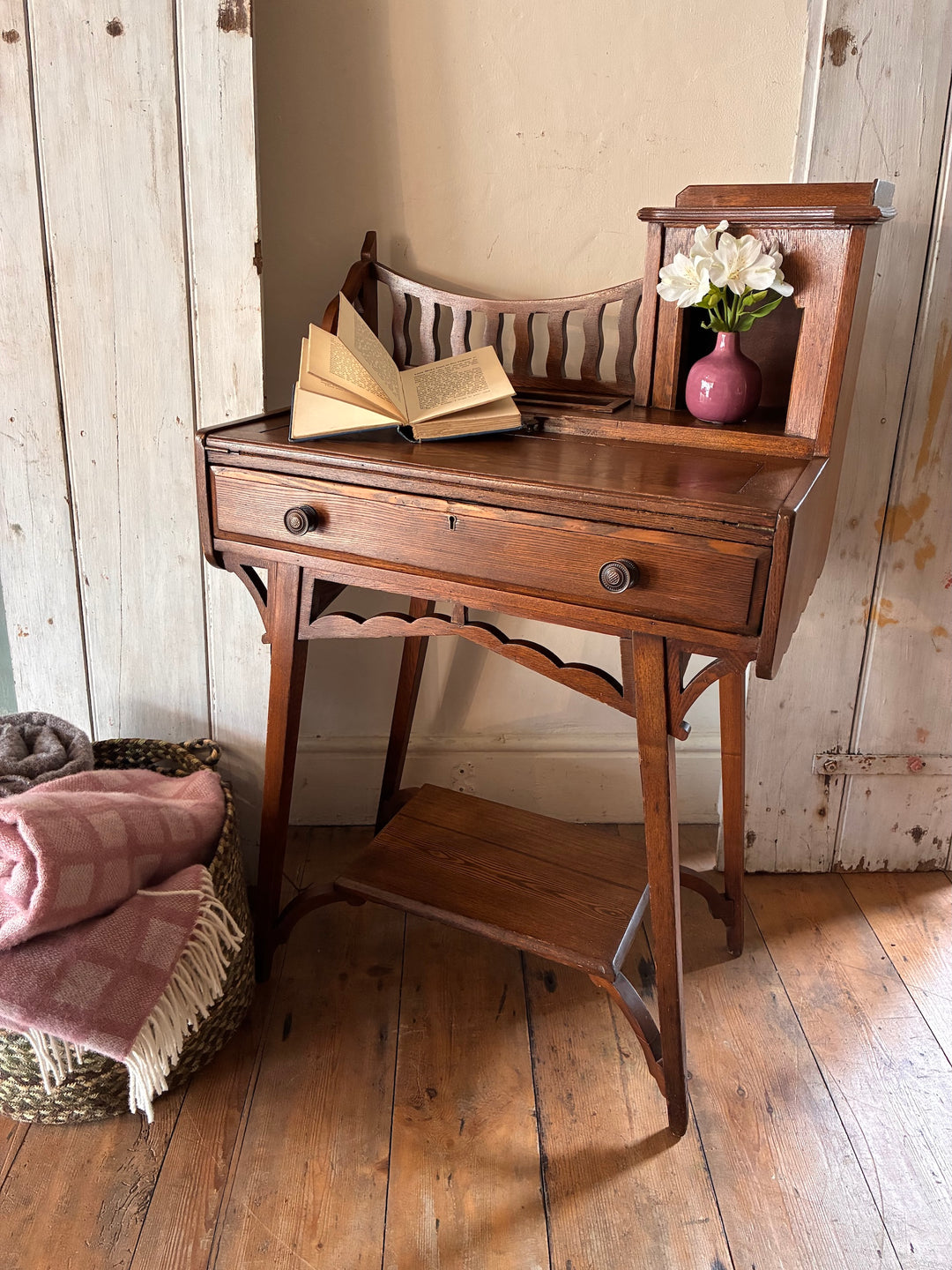 Edwardian Lady's Writing Desk with fold-out top, leather surface, and elegant wavy gallery from Source for the Goose, Devon.