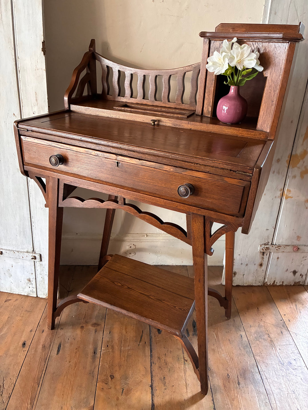 Edwardian Lady's Writing Desk with fold-out leather surface and elegant gallery from Source for the Goose, Devon.