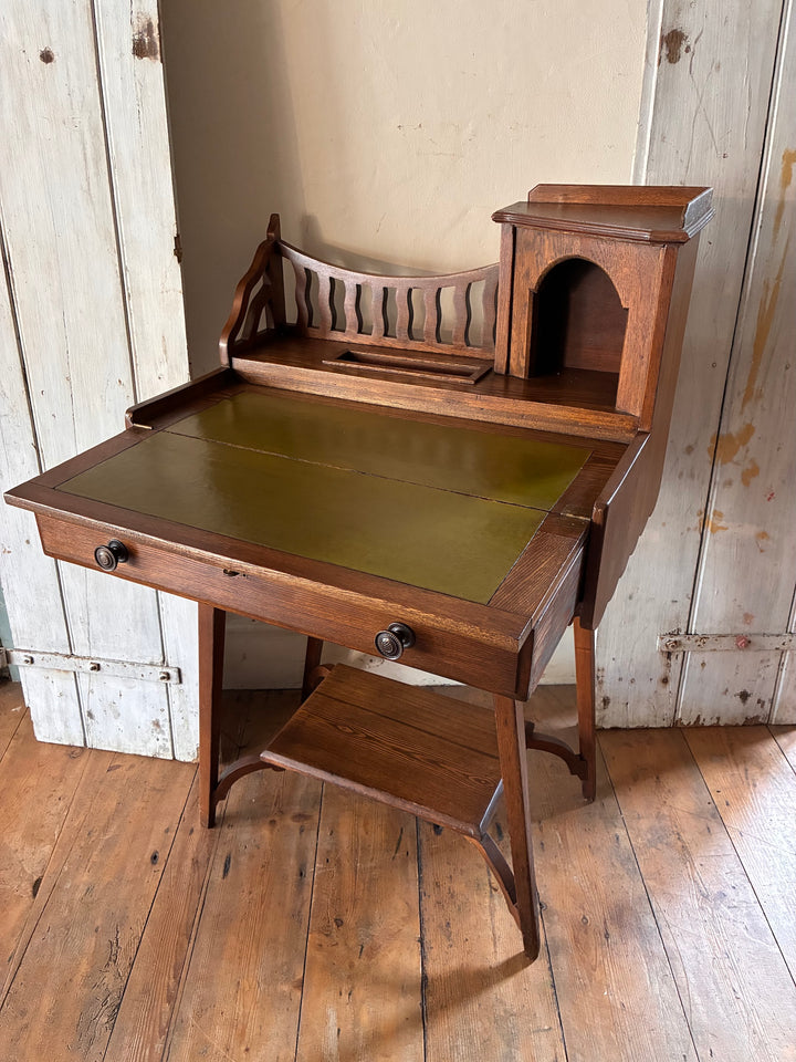 Edwardian Lady's Writing Desk from Source for the Goose, Devon, featuring a leather top and elegant gallery.