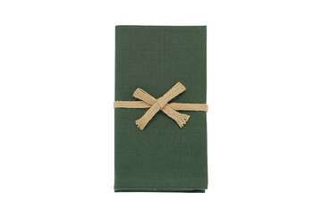 Elm green cotton napkin from set by Source for the Goose, Devon, folded with a twine bow for dining table elegance.