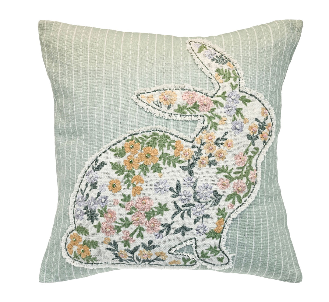 Charming Embroidered Bunny Cushion featuring a whimsical rabbit design with pastel flowers.