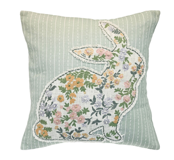Charming Embroidered Bunny Cushion featuring a whimsical rabbit design with pastel flowers.