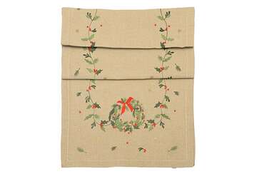 Embroidered Christmas Wreath Table Runner - Natural featuring intricate holly leaf designs from Source for the Goose Devon.