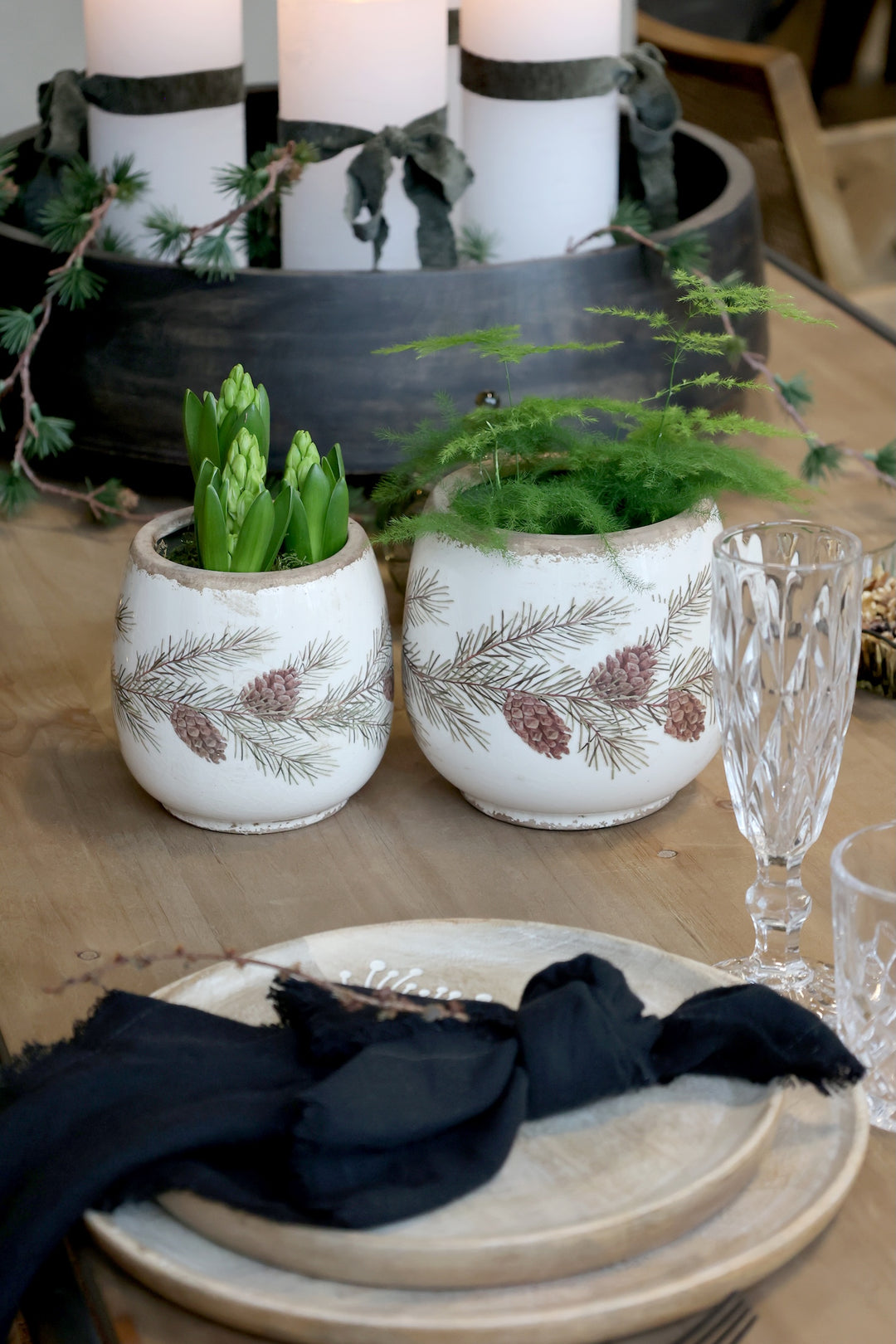 Fir Cone Decorative Planter from Source for the Goose Devon, showcasing plants in a cozy, vintage autumn setting.