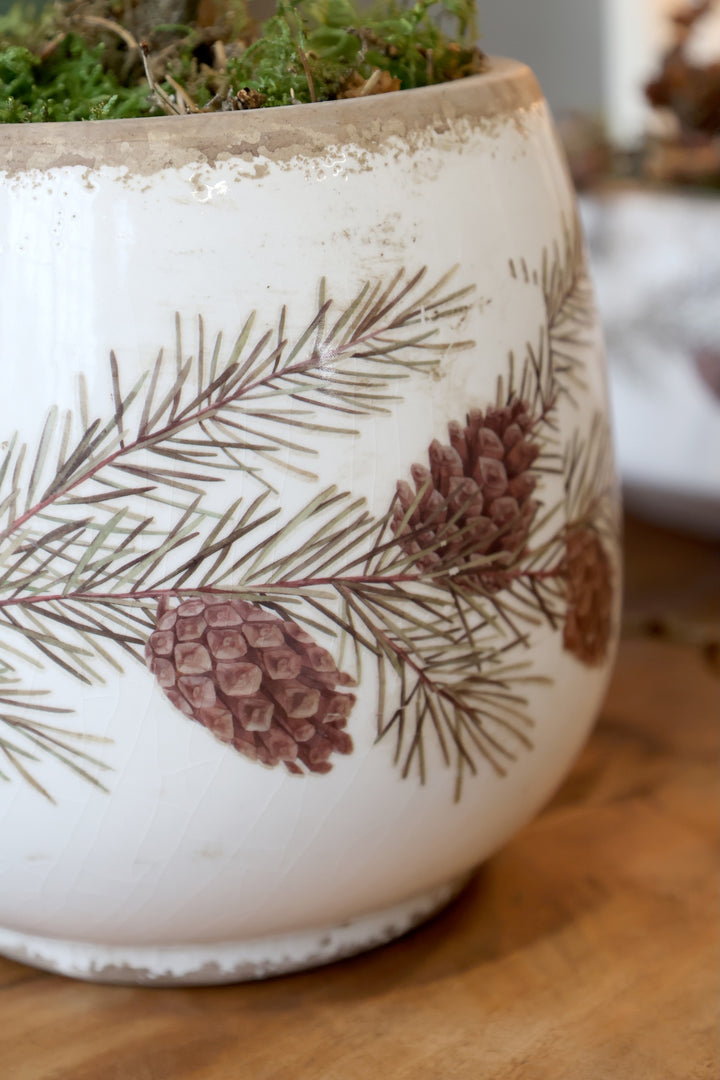 Fir Cone Decorative Planter featuring pine cone and spruce stem design, perfect for autumn decor by Source for the Goose, Devon.