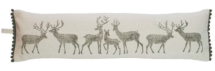 Forest Stag Draught Excluder Cushion featuring rustic stag silhouettes on a cotton dhurrie fabric.