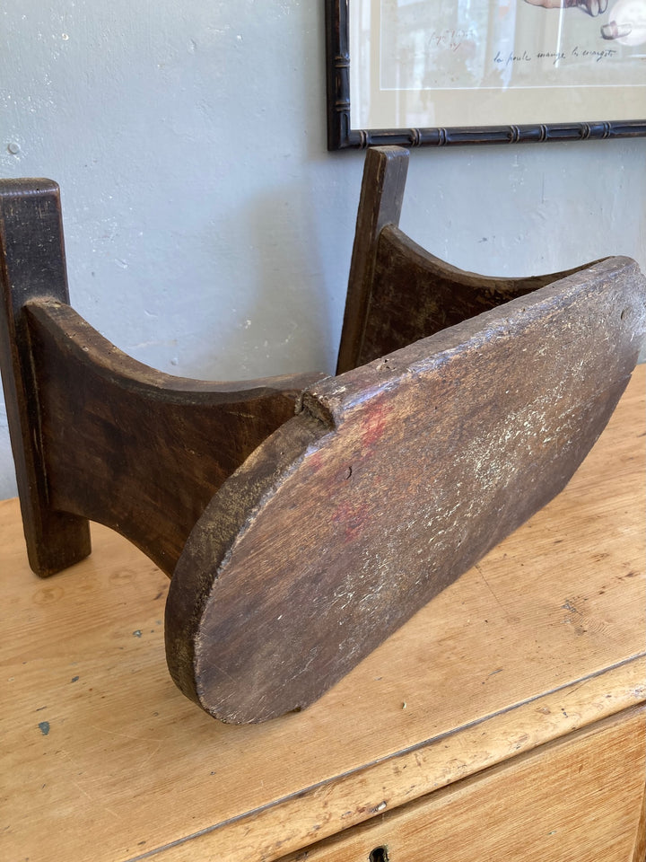French Wooden Step Stool with dark oak stain and oval ends, perfect for rustic decor and versatile use as a side table.
