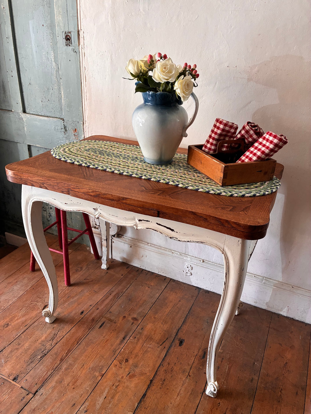 Vintage French Oak Parquet Top Table - Extending with floral arrangement and rustic decor