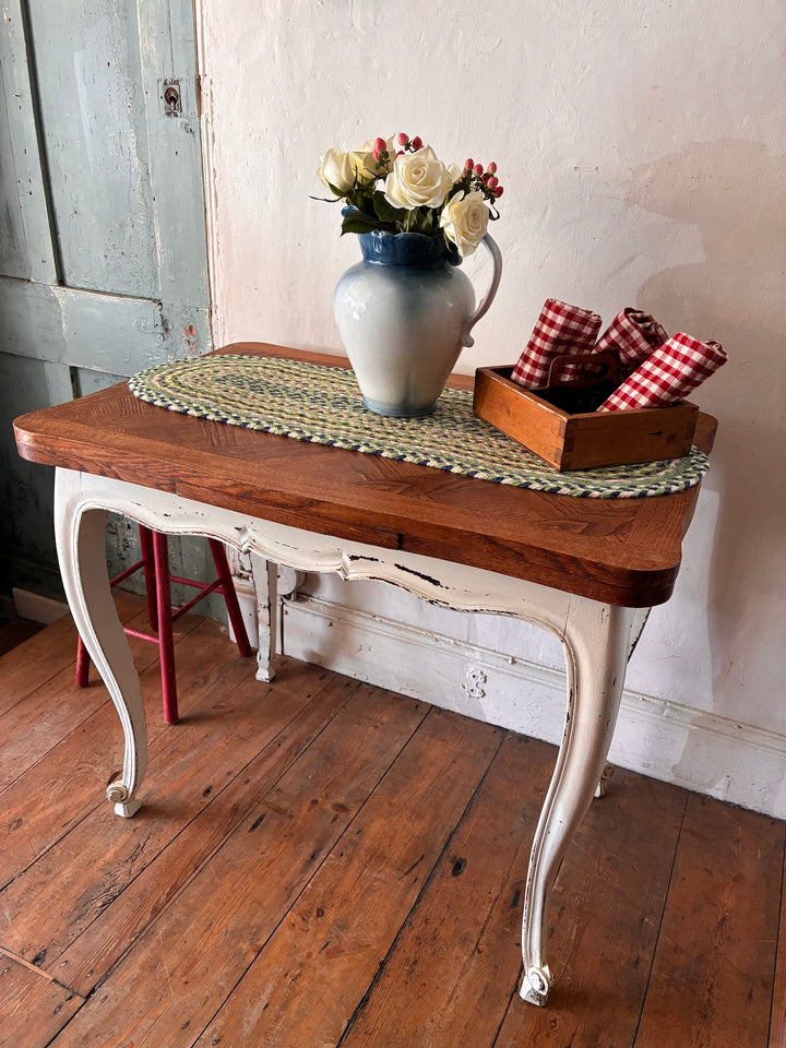 Vintage French Oak Parquet Top Table - Extending with floral arrangement and rustic decor