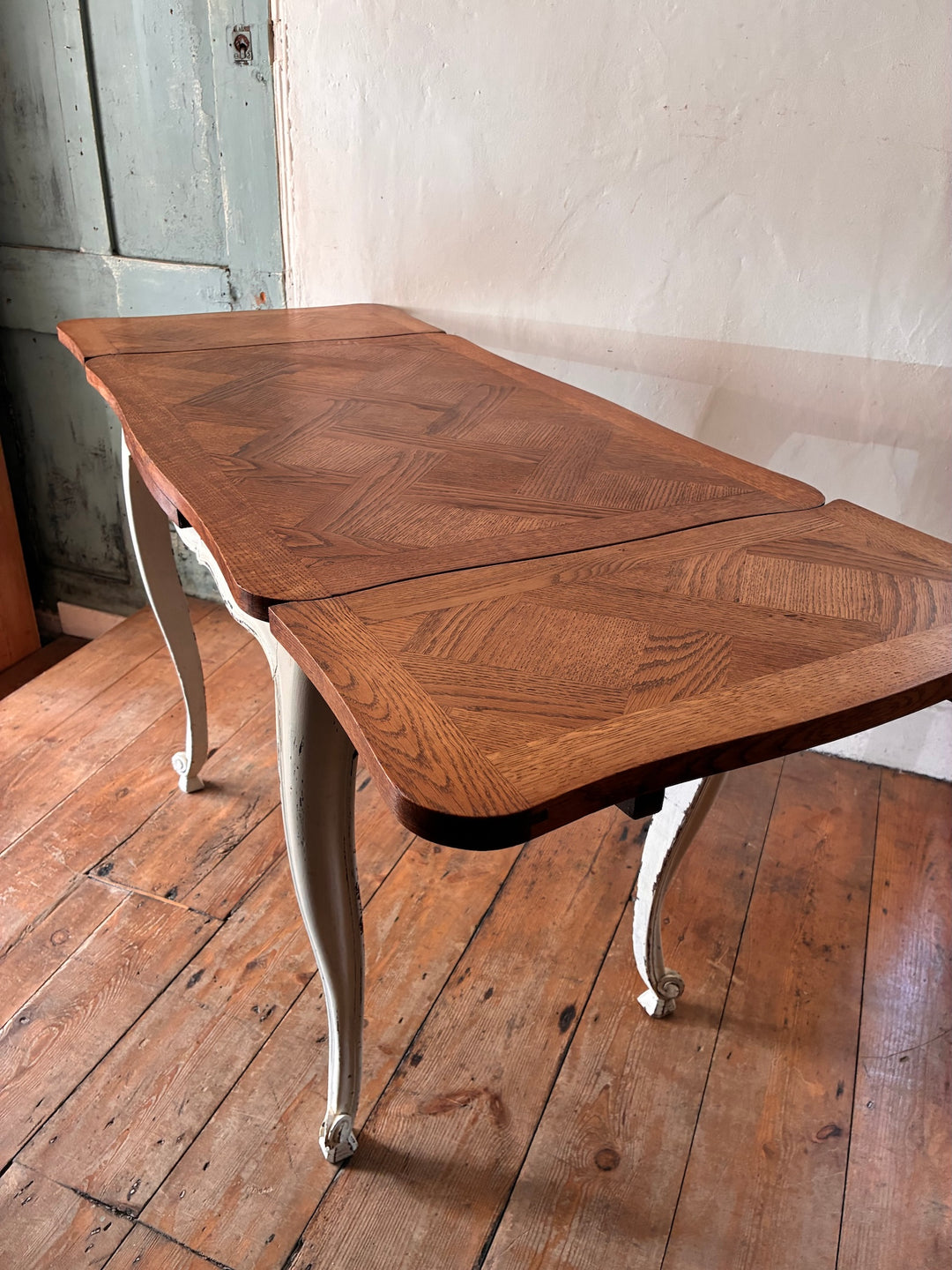 Vintage French Oak Parquet Top Table - Extending with cabriole legs and pull-out leaves for versatility.