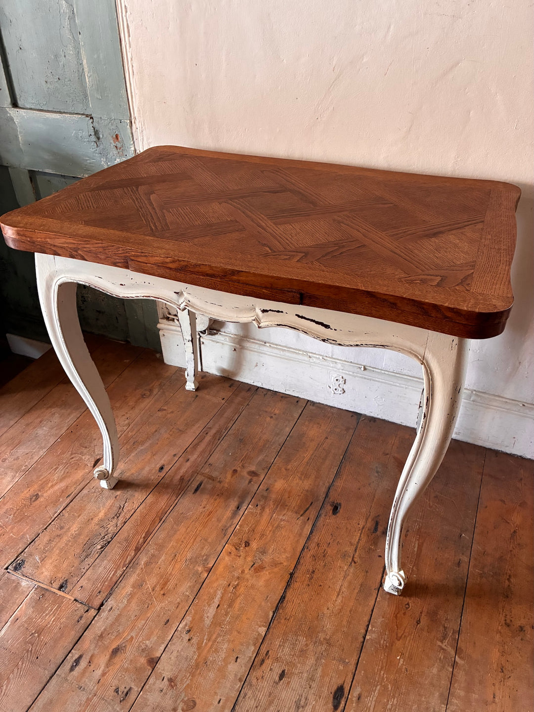 Vintage French Oak Parquet Top Table - Extending with elegant cabriole legs and parquet top.