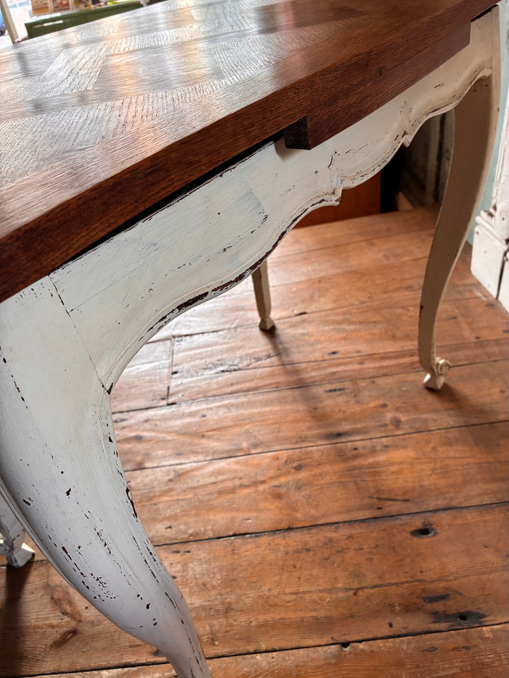 Vintage French Oak Parquet Top Table - Extending showing elegant cream-painted cabriole legs and stunning parquet top.