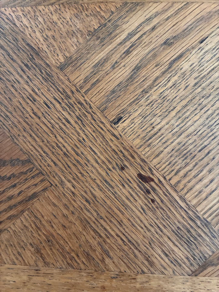 Vintage French Oak Parquet Top Table - Extending detailed view of the elegant parquet finish.