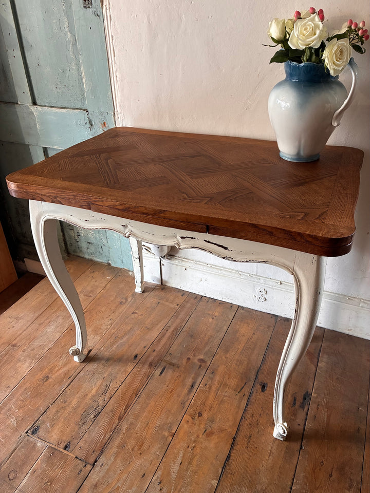 Vintage French Oak Parquet Top Table - Extending with cabriole legs and flowers in vase.