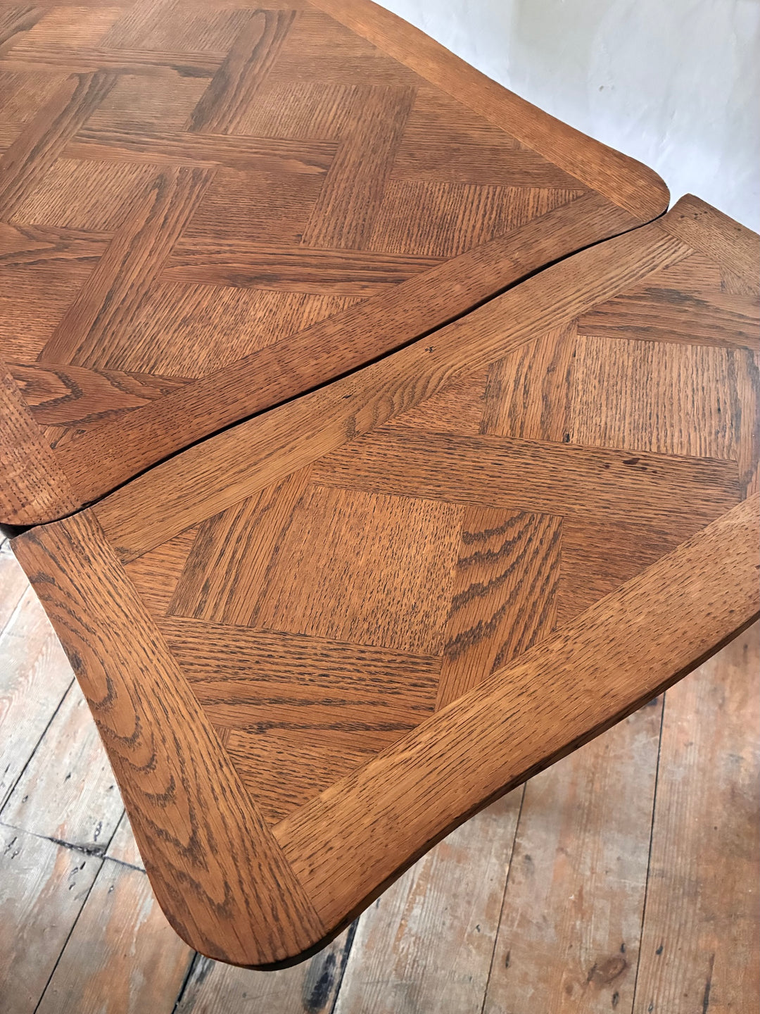 Vintage French Oak Parquet Top Table - Extending with intricate parquet design and elegant edges.