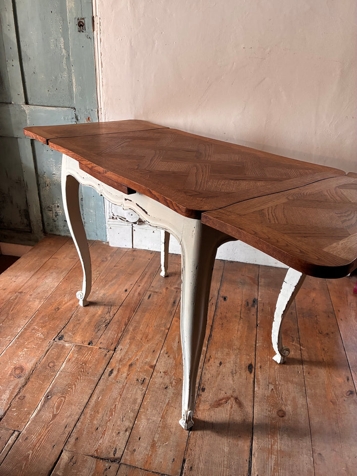 Vintage French Oak Parquet Top Table - Extending with cream cabriole legs and parquet top.