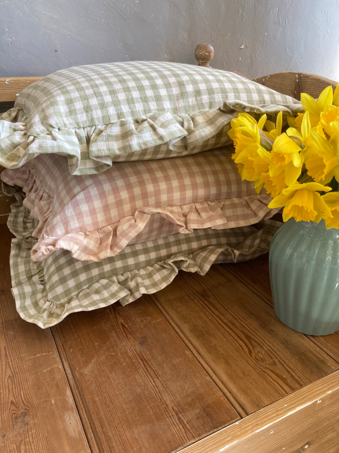 plaster pink and olive gingham cushions at Source for the Goose, devon