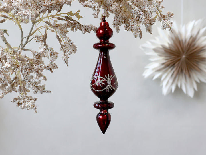 hanging glass finial decoration, red with silver glitter