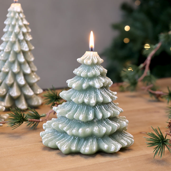 Green Christmas Tree Candle from Source for the Goose, Devon, with glitter accents for a festive touch.