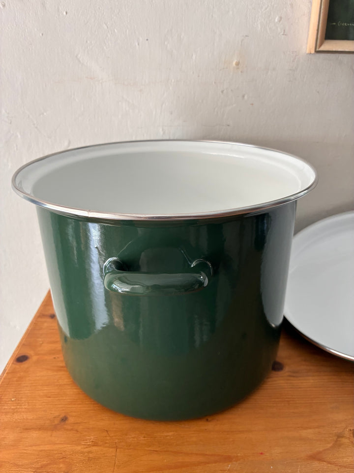 Vintage Green Enamel Bread Bin with dual handles and white interior for rustic country cottage kitchen