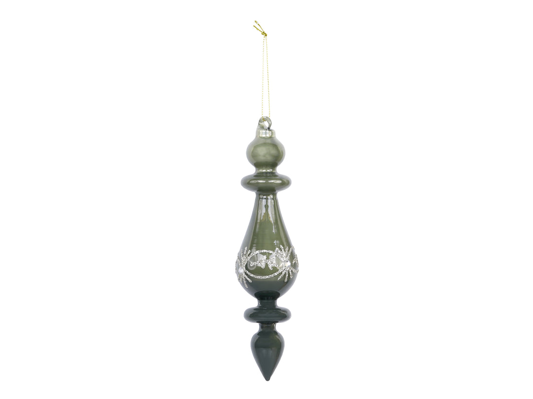 Green Glass Finial Ornament with silver glitter for sale at Source for the Goose 