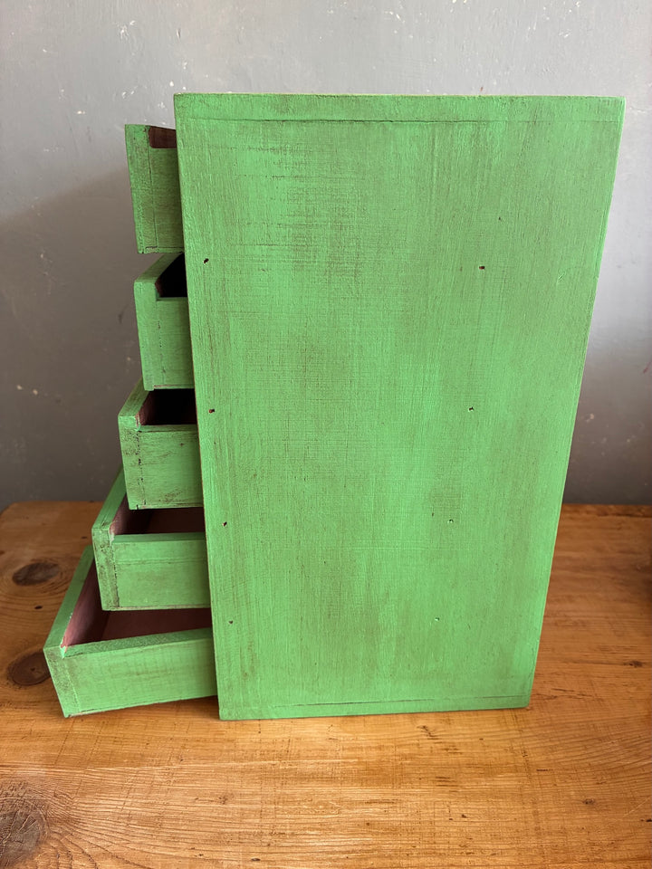 Vintage Green Mini Set of Drawers side view showcasing hand-painted aged green wood finish.
