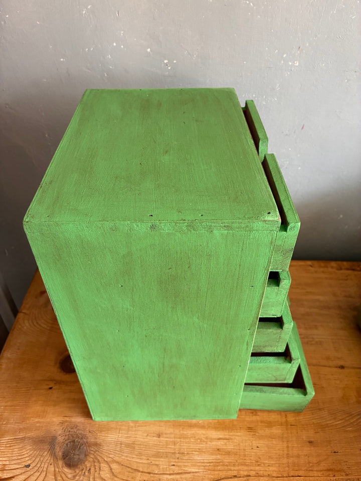 Vintage Green Mini Set of Drawers featuring a charming aged design, perfect for desk organisation.