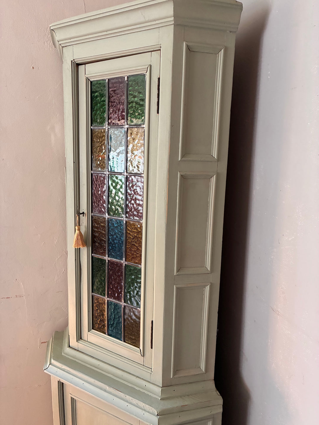 Green Painted Corner Cupboard with Stained Glass Panel showcasing vintage charm and cottage core style.