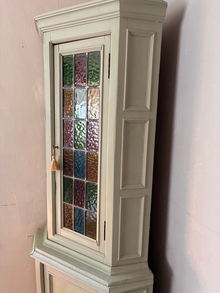 Green Painted Corner Cupboard with Stained Glass Panel showcasing vintage charm and cottage core style.