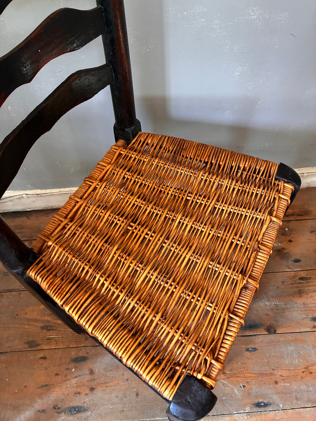 Antique Ladderback Chair - Lancashire with hand-woven rush seat and turned front legs