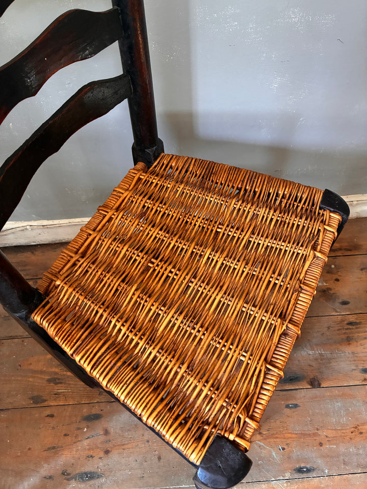 Antique Ladderback Chair - Lancashire with hand-woven rush seat and turned front legs