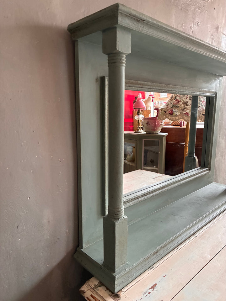 Large Duck Egg Blue Wall Mirror showcasing a hand-finished distressed frame with decorative columns and shelves.