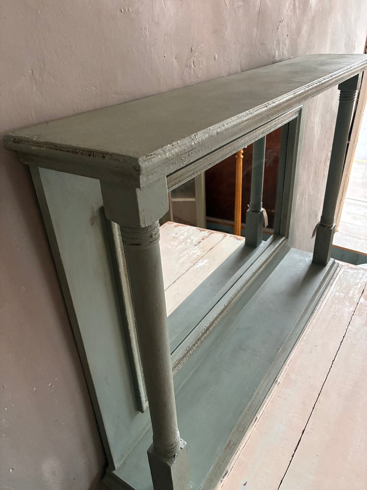 Large Duck Egg Blue Wall Mirror with decorative columns and dual shelves for display.