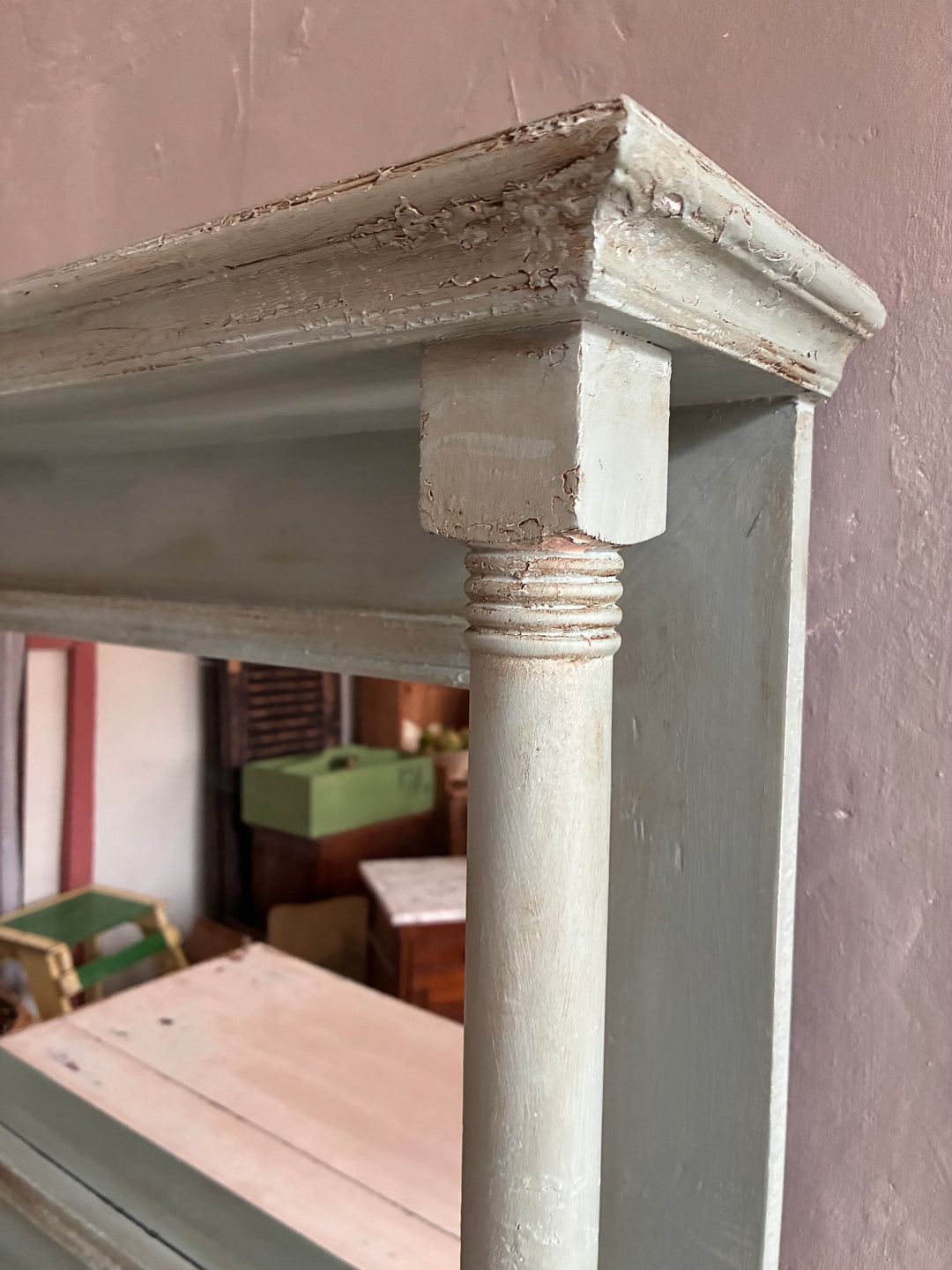 Close-up of the decorative column detail on the Large Duck Egg Blue Wall Mirror from Source for the Goose Devon.