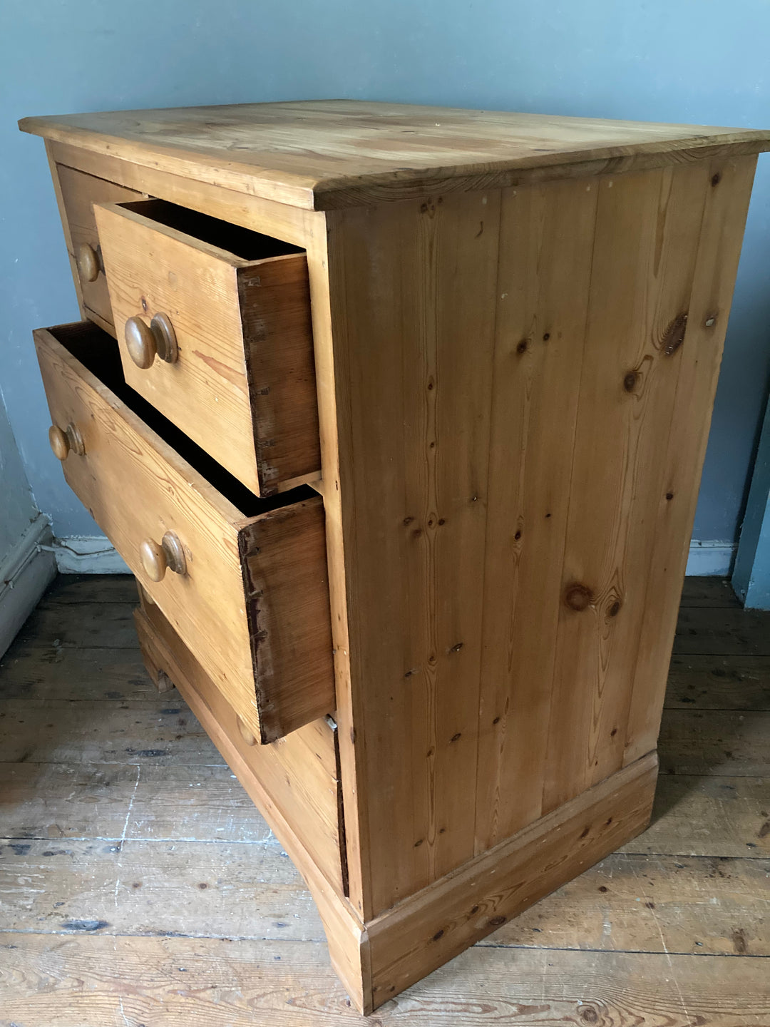 capacious drawers on vintage pine chest
