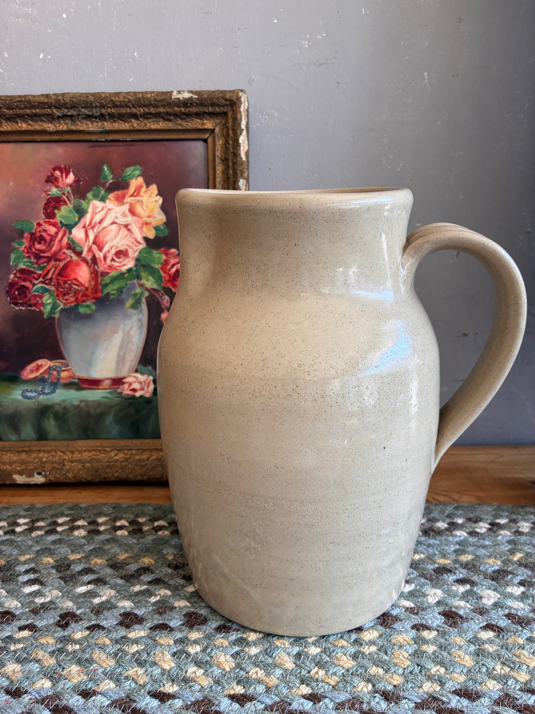 Large Stoneware Studio Pottery Jug with an unusual spout in soft putty glaze, perfect for floral displays.
