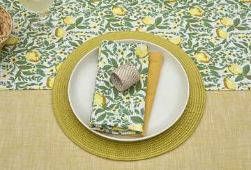 Summery Lemon Design Table Runner by Source for the Goose, featuring bright lemons, green foliage, and coordinating tassels.