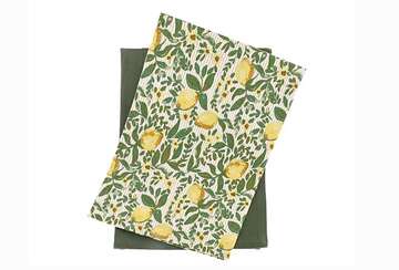 Set of Two Summery Lemon Tea Towels from Source for the Goose, featuring lemon design and coordinating green towel.