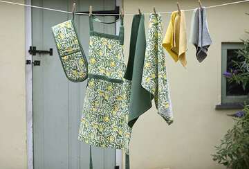 Set of two summery lemon tea towels hanging outside, featuring lemon design and coordinating green color. Source for the Goose, Devon.