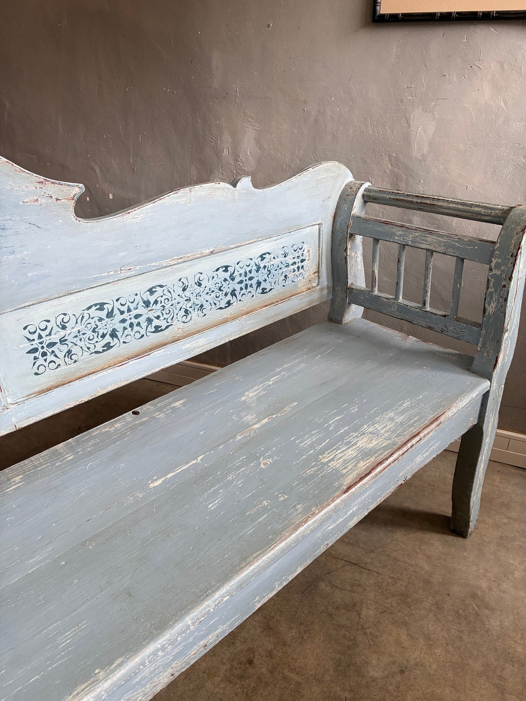 Vintage Long Painted Hungarian Bench showcasing timeworn blue paint and intricate details from Source for the Goose, Devon.