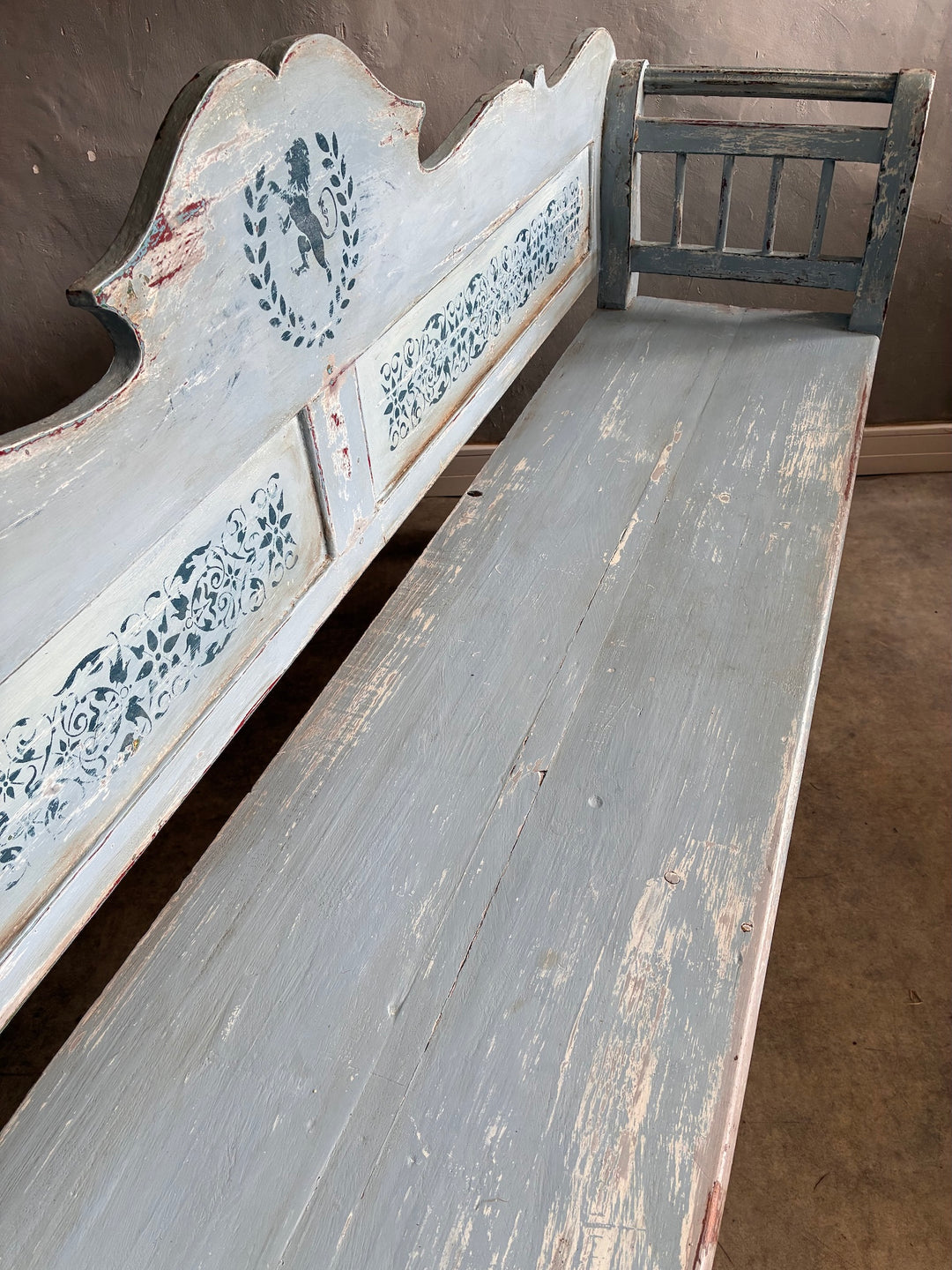 Vintage Long Painted Hungarian Bench with a timeworn blue finish, showcasing distressed paint layers and intricate designs.