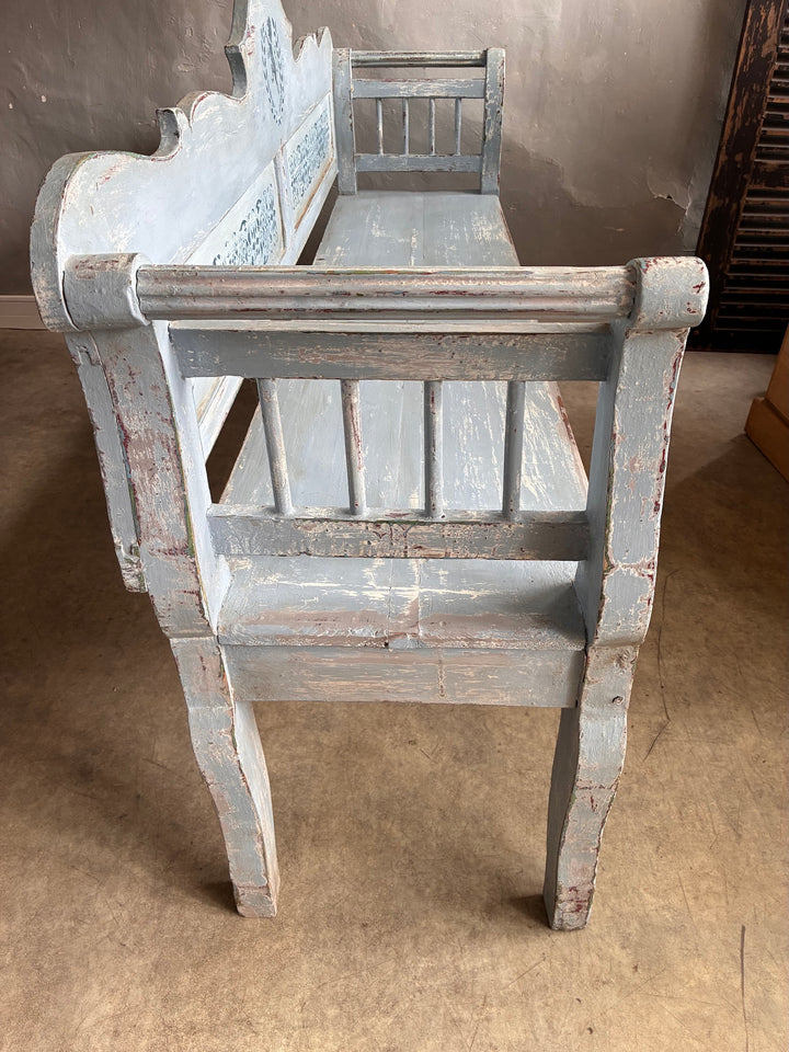Vintage Long Painted Hungarian Bench showcasing distressed blue finish and details, perfect for adding charm to any interior.