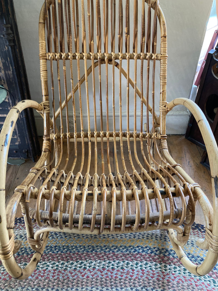 midcentury design cane and bamboo rocking chair