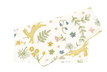Set of Four Hares and Meadow Napkins featuring hares and floral designs, perfect for spring and summer table settings.