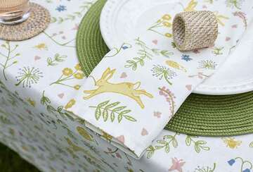 Set of Four Hares and Meadow Napkins by Source for the Goose, ideal for spring and summer table settings in Devon.
