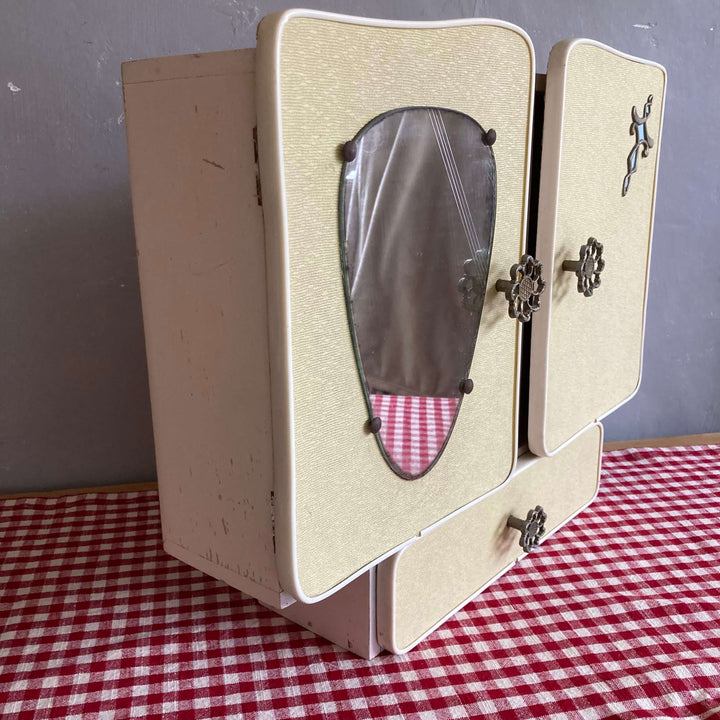 Mid Century French Wall Cabinet with pear-shaped mirror and filigree handles, Source for the Goose Devon retro decor.