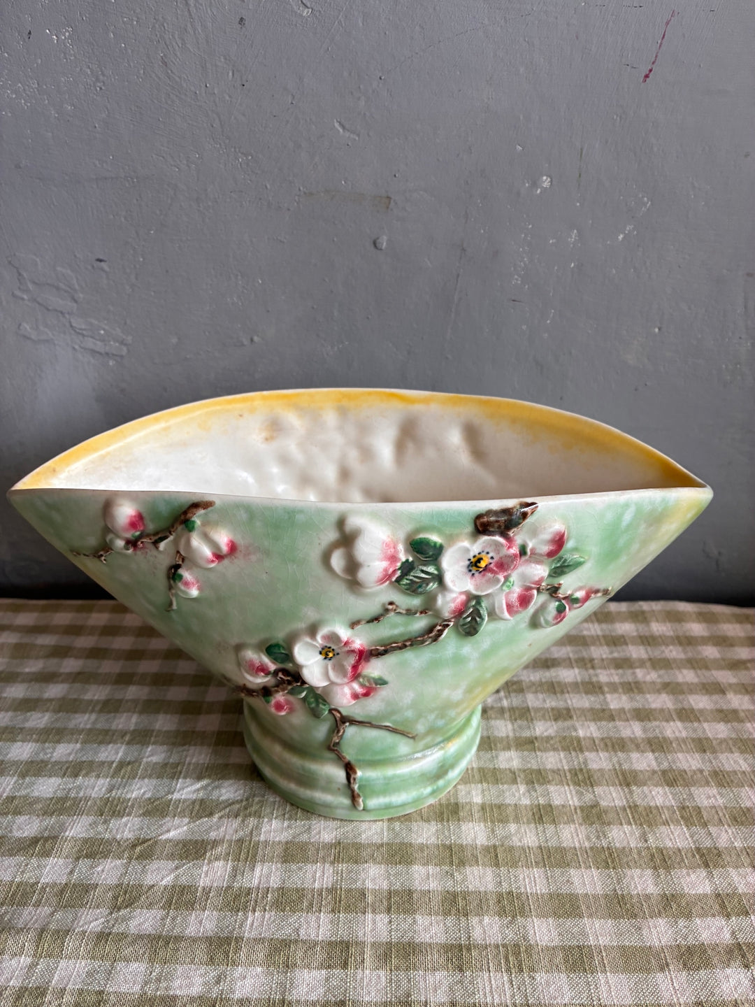 Vintage Sylvac Apple Blossom Vase featuring a three-dimensional apple blossom design in soft pink and white blooms.