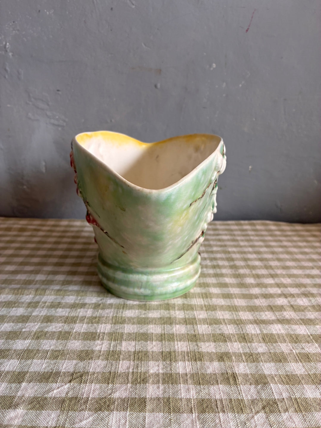 Vintage Sylvac Apple Blossom Vase showcasing soft pink and white blossoms with green background, perfect for decor.