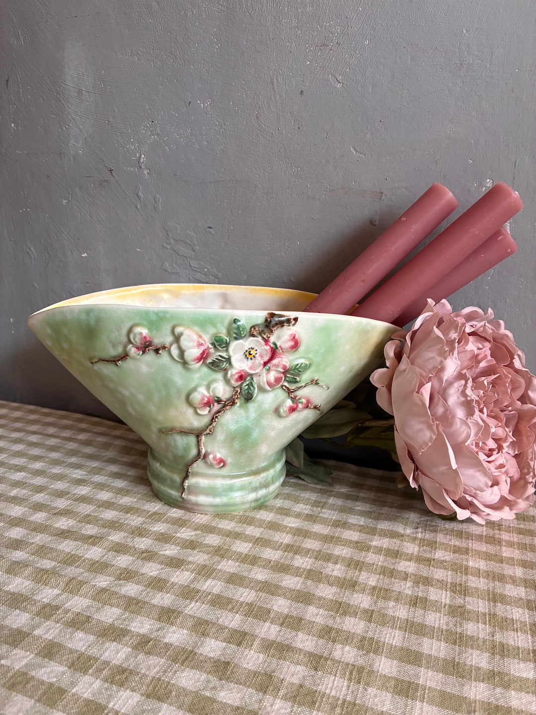 Vintage Sylvac Apple Blossom Vase with pink blooms and green background, perfect for mantles and table centerpieces.