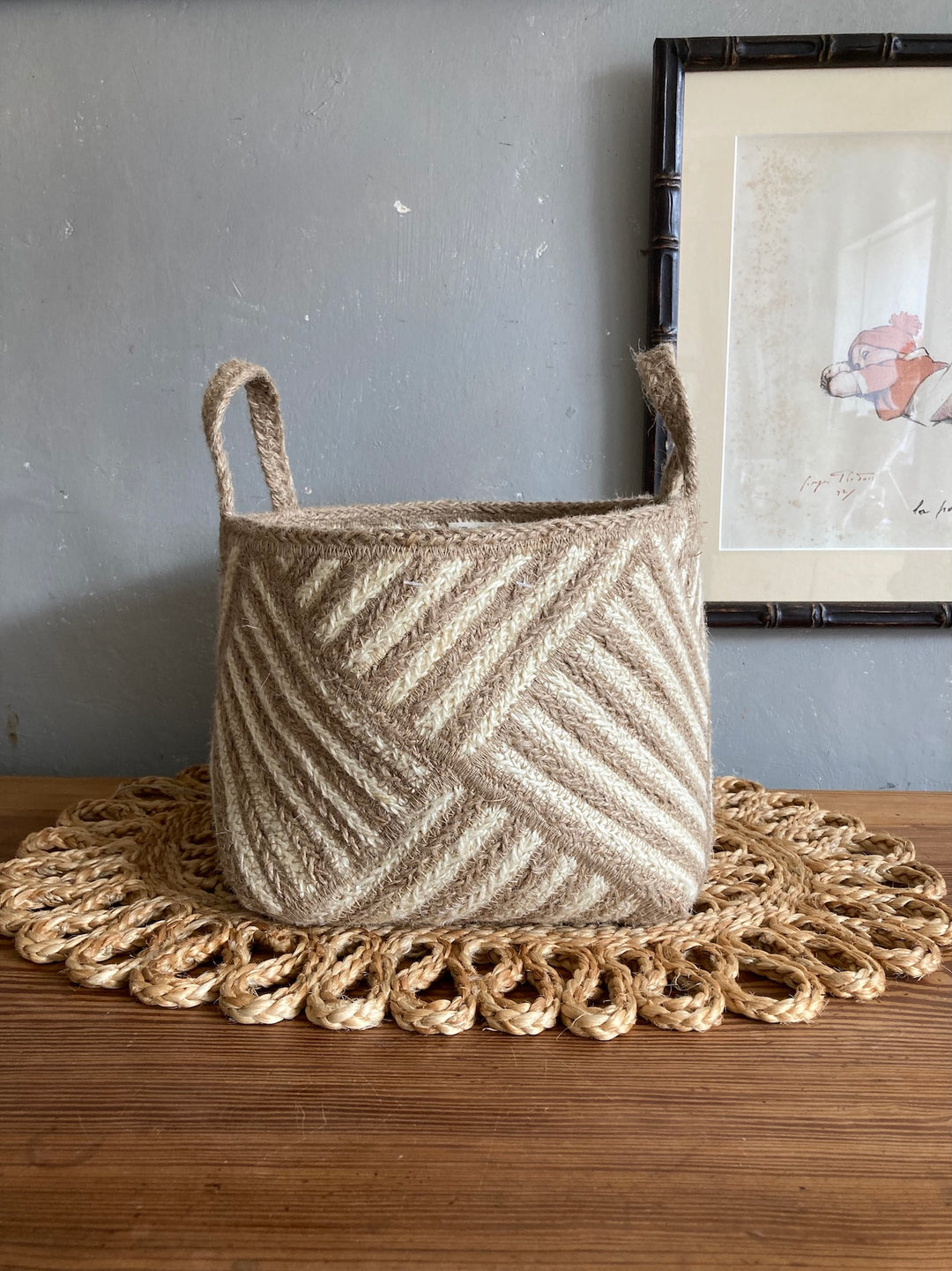 Natural stripe jute zebra basket from Source for the Goose, Devon, ideal for stylish storage and décor.